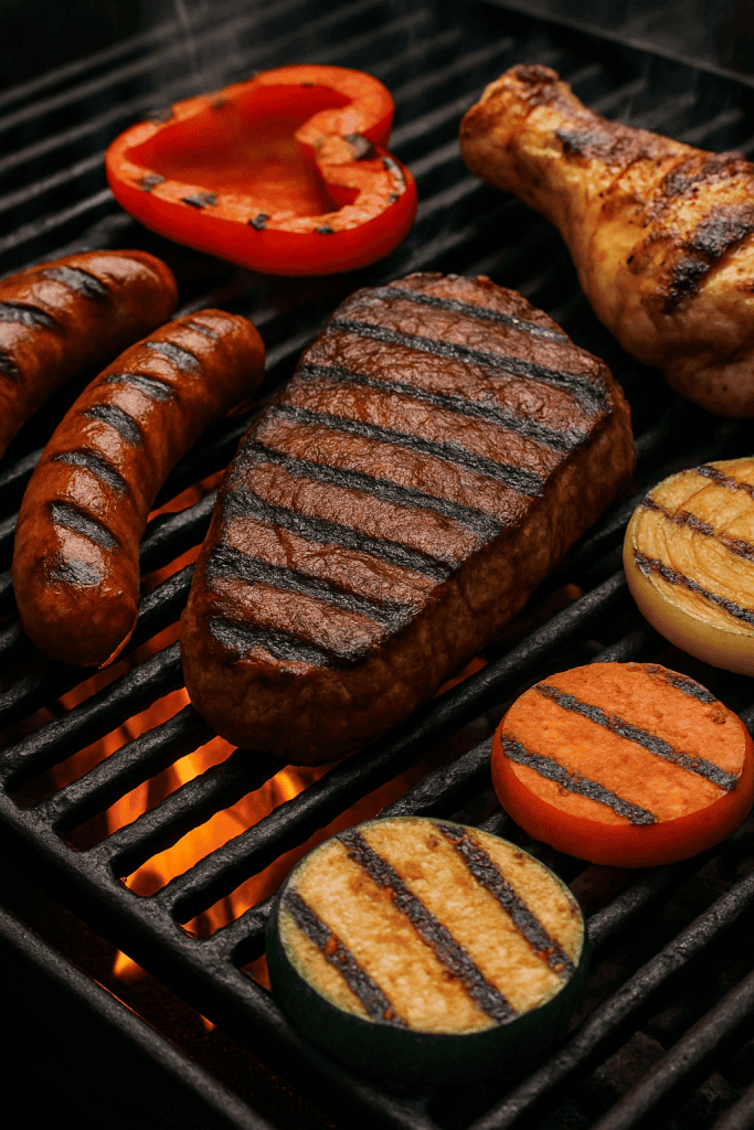 Gegrilde steak, worst, groenten en paprika op barbecue grill.