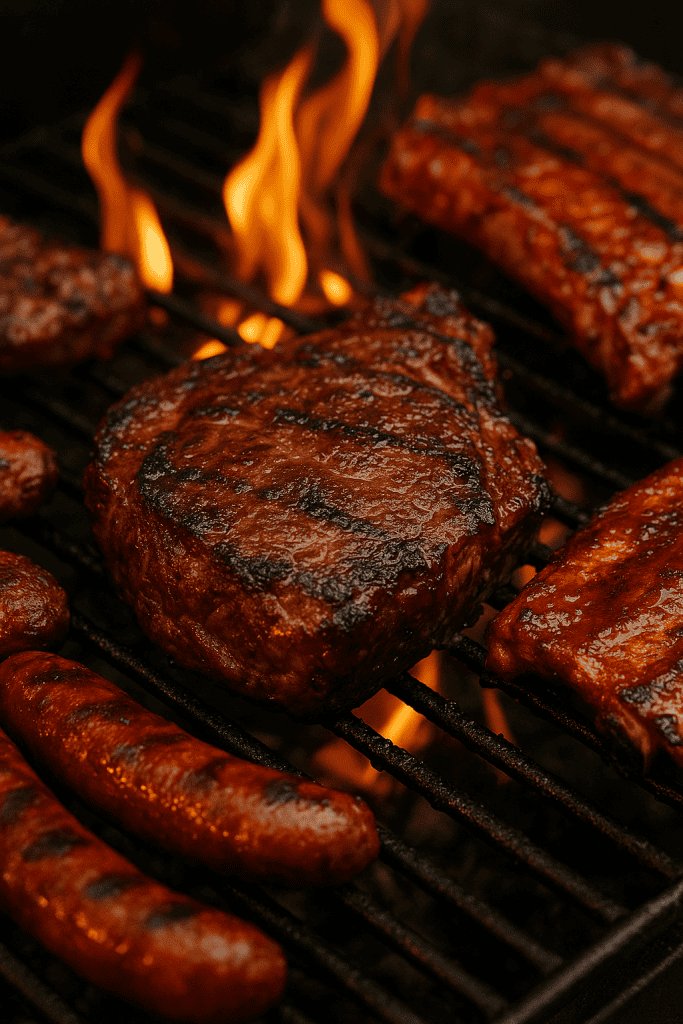 Gegrild vlees en worst op barbecue met rook en vlammen.