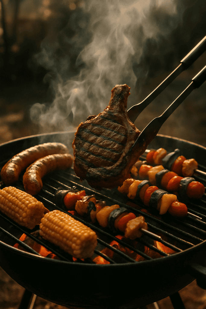 Gegrilde steak en groenten op barbecue, perfect voor outdoor BBQ-wensen.