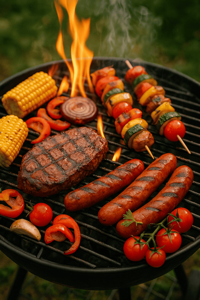 Gegrilde vleesspecialiteiten met groenten en mais op barbecue.