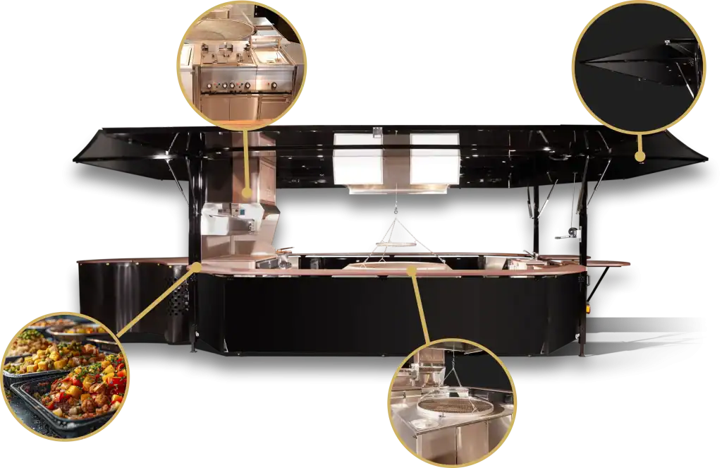 Moderne professionele grillkiosk met volledig uitgeruste keuken en roterende prik.