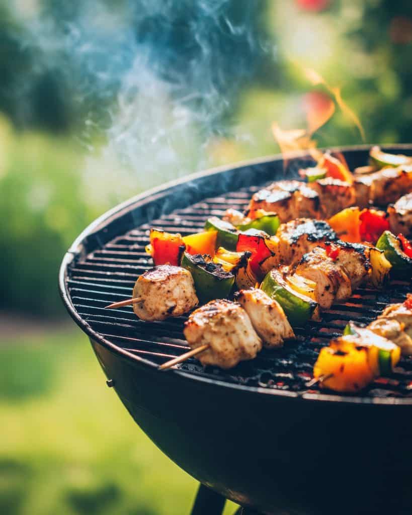 Smakelijke gegrilde kipspiesjes met groenten op barbecue.