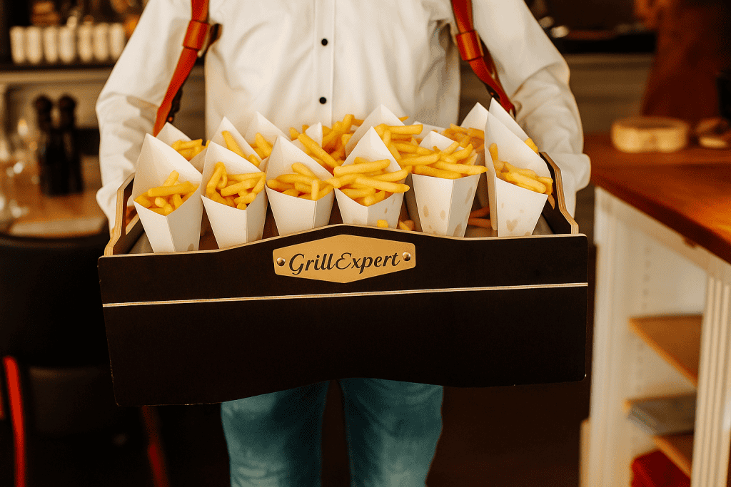 Knoflook frieten in papieren porties, versierd met frieten, op een dienblad van GrillExpert.