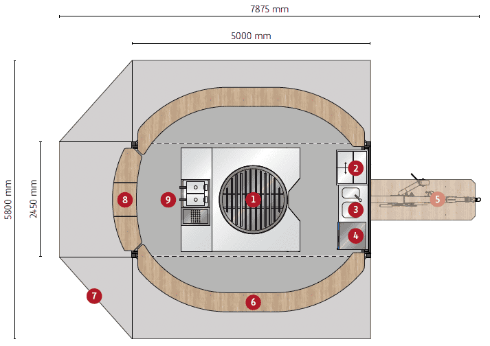 Houtschaal met grill en accessoires voor professionele barbecues.